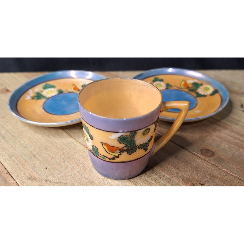 Vintage Japanese‎ Lusterware Bird Floral Demitasse Cup and Saucer Set 3pc Japan